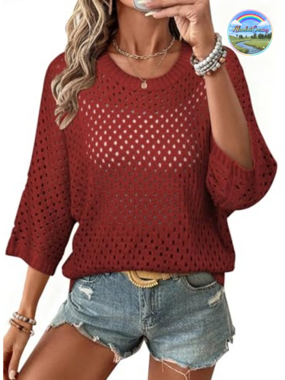 Womens 3/4 Sleeve Crochet Knit Sweater Pullover Beach Cover Up